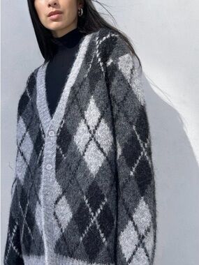NWT Large Oak + Fort Mohair Button Up Cardigan Unisex Grey Argyle Knit Sweater